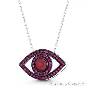 Evil Eye Charm Faux Ruby CZ Crystal Pendant in .925 Sterling Silver